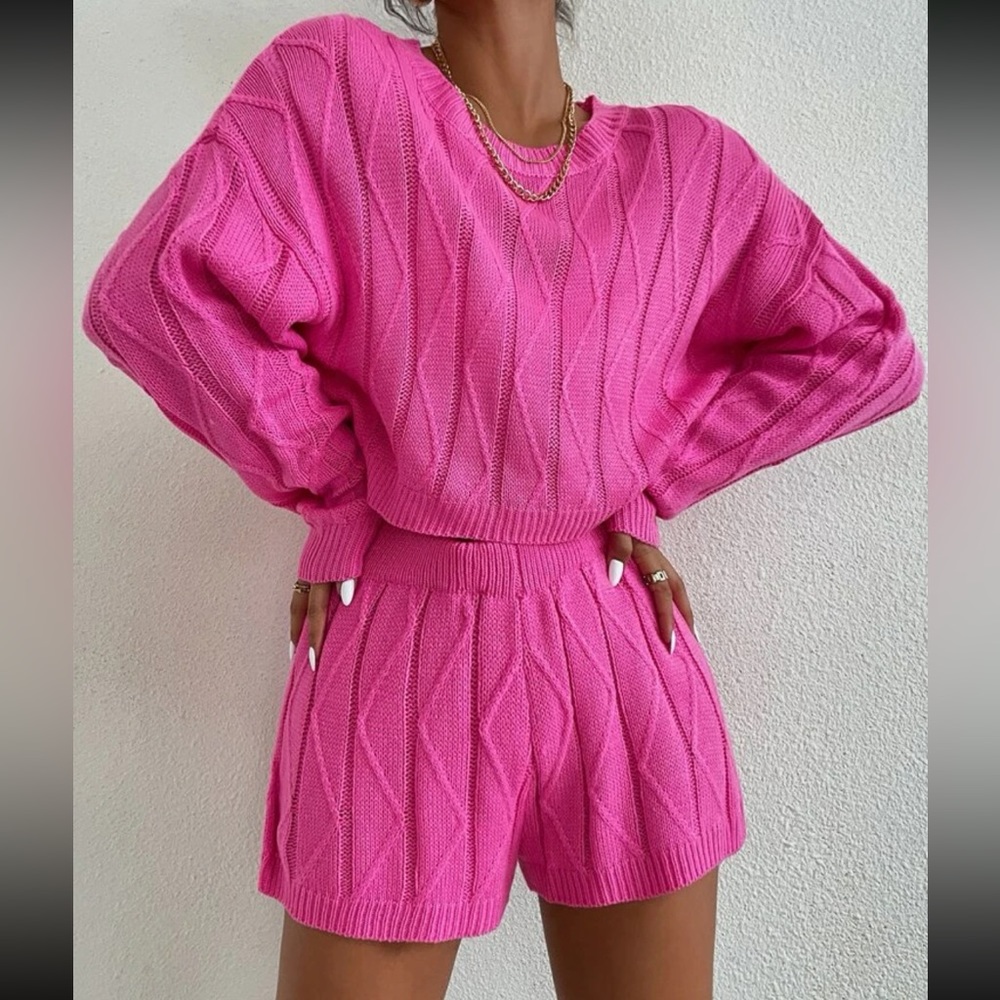 Drop Shoulder Textured Crop Sweater & Knit Shorts Set